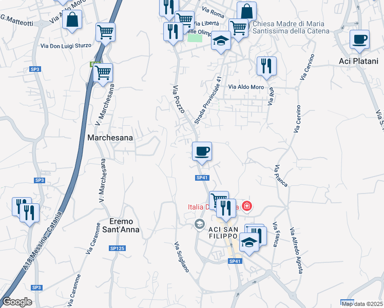 map of restaurants, bars, coffee shops, grocery stores, and more near 3A Via Stocchi in Aci Catena