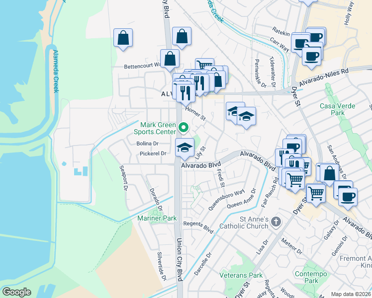 map of restaurants, bars, coffee shops, grocery stores, and more near 3836 Amy Place in Union City
