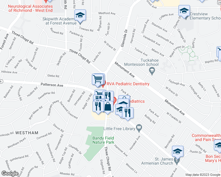 map of restaurants, bars, coffee shops, grocery stores, and more near 7114 Three Chopt Road in Richmond