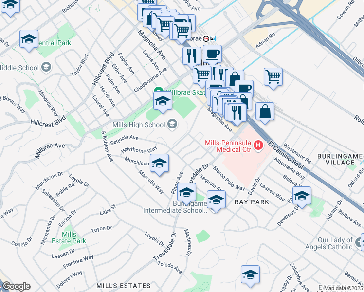 map of restaurants, bars, coffee shops, grocery stores, and more near 2005 Murchison Drive in Burlingame
