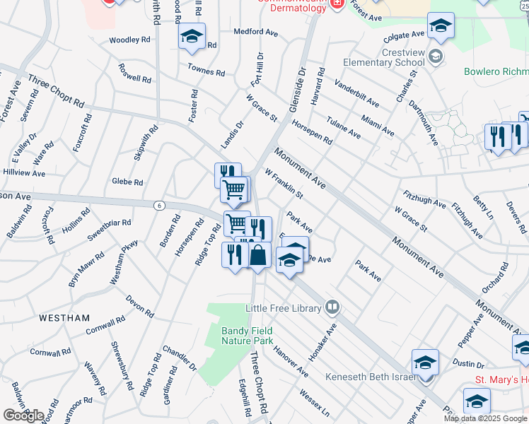 map of restaurants, bars, coffee shops, grocery stores, and more near 7114 Three Chopt Road in Richmond