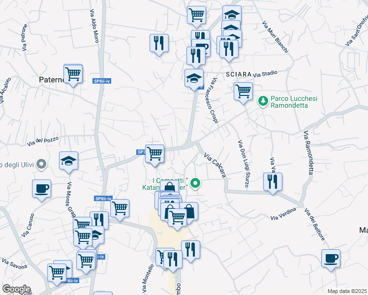 map of restaurants, bars, coffee shops, grocery stores, and more near in Città metropolitana di Catania
