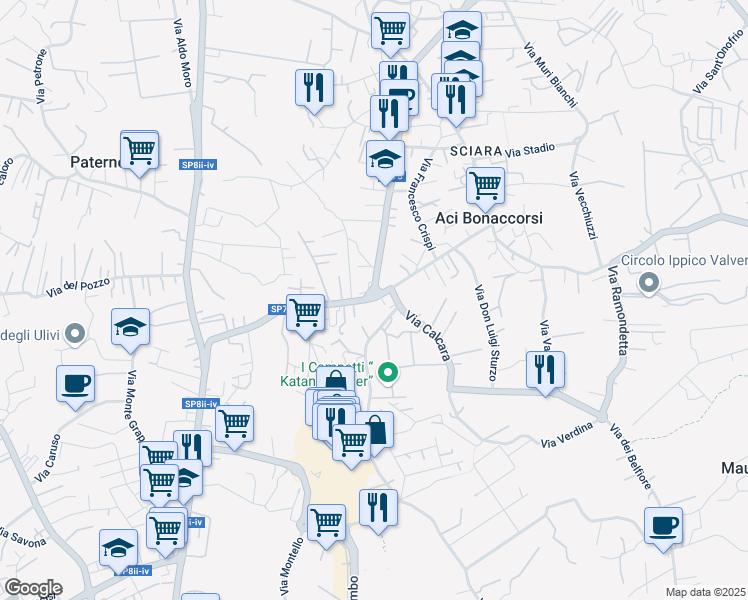 map of restaurants, bars, coffee shops, grocery stores, and more near SP73 Via Giuseppe Garibaldi in Aci Bonaccorsi