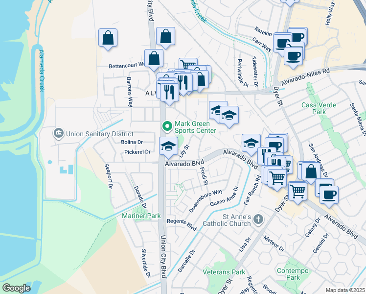 map of restaurants, bars, coffee shops, grocery stores, and more near 31247 Lily Street in Union City
