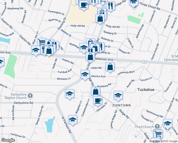 map of restaurants, bars, coffee shops, grocery stores, and more near 903 North Parham Road in Henrico