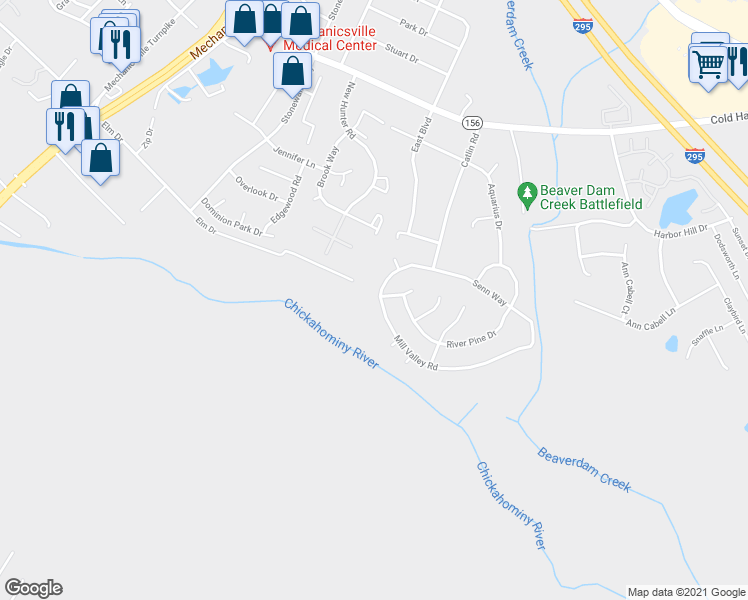 map of restaurants, bars, coffee shops, grocery stores, and more near 7157 Mill Valley Road in Mechanicsville
