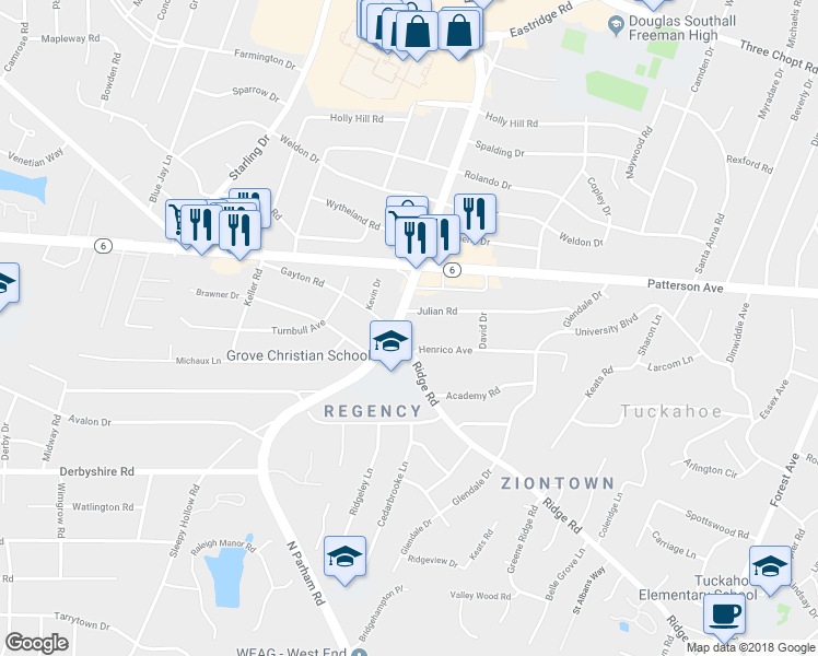 map of restaurants, bars, coffee shops, grocery stores, and more near 903 North Parham Road in Henrico
