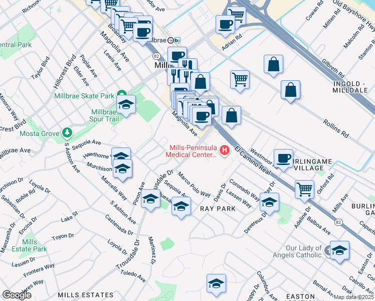 map of restaurants, bars, coffee shops, grocery stores, and more near 1600 Trousdale Drive in Burlingame