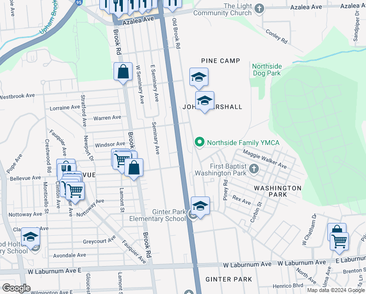 map of restaurants, bars, coffee shops, grocery stores, and more near 4215 Chamberlayne Avenue in Richmond