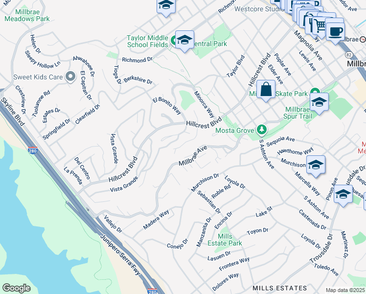 map of restaurants, bars, coffee shops, grocery stores, and more near 37 Vía Canon in Millbrae