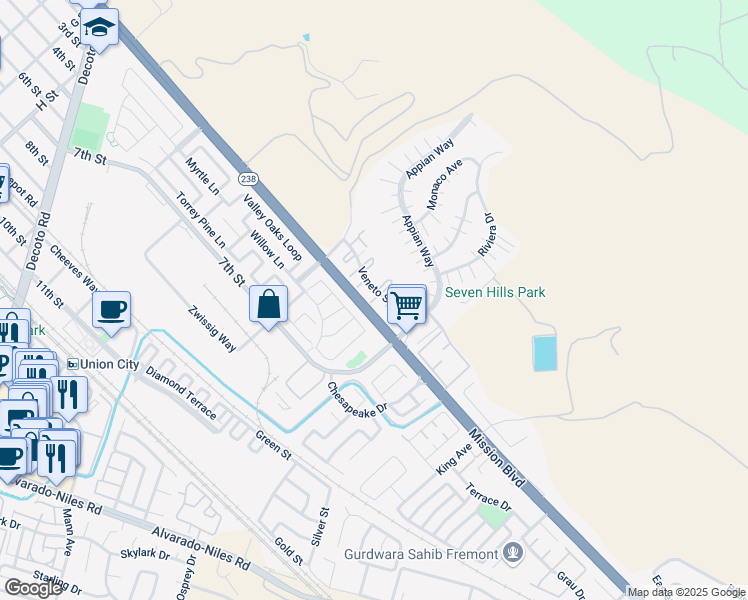 map of restaurants, bars, coffee shops, grocery stores, and more near 239 Galano Plaza in Union City