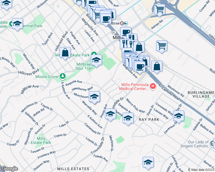 map of restaurants, bars, coffee shops, grocery stores, and more near 2005 Murchison Drive in Burlingame
