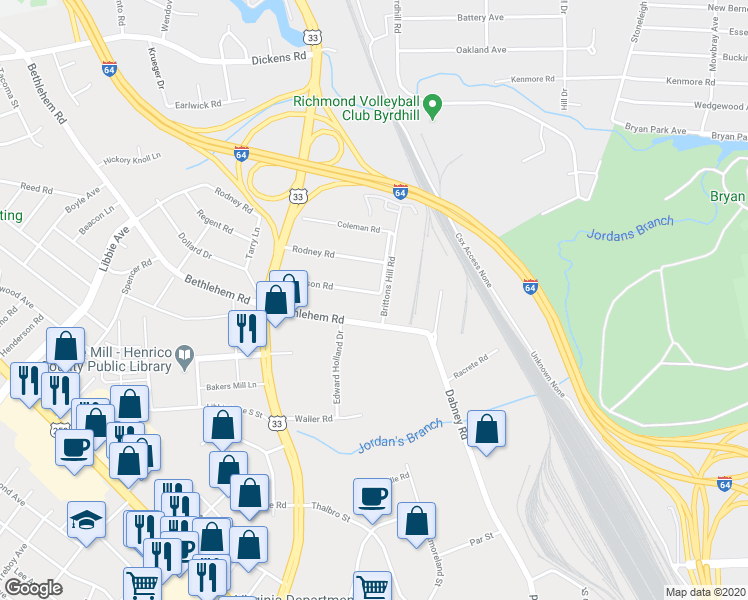 map of restaurants, bars, coffee shops, grocery stores, and more near 4801 Morrison Road in Richmond