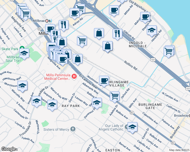 map of restaurants, bars, coffee shops, grocery stores, and more near 1125 Killarney Lane in Burlingame