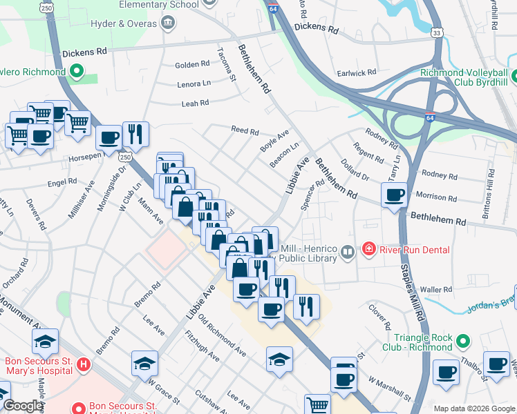 map of restaurants, bars, coffee shops, grocery stores, and more near 5607 Indigo Road in Richmond