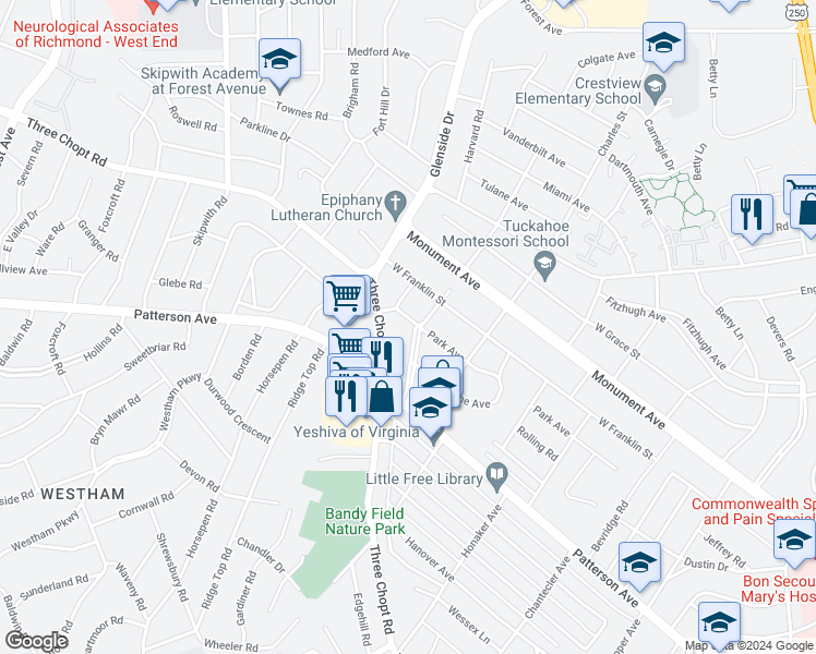 map of restaurants, bars, coffee shops, grocery stores, and more near 7001 Park Avenue in Richmond