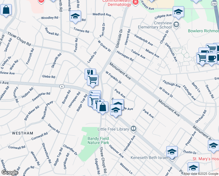 map of restaurants, bars, coffee shops, grocery stores, and more near 7001 Park Avenue in Richmond