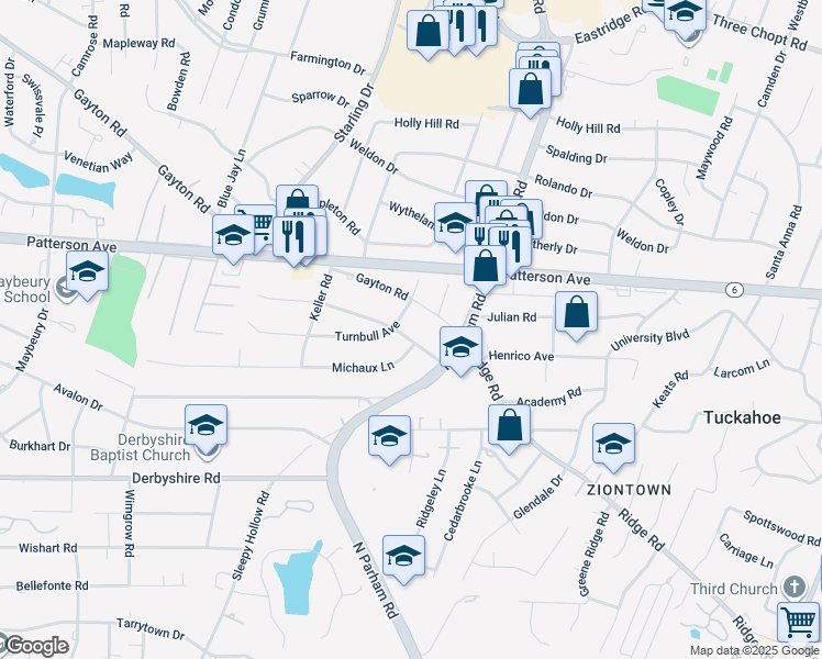 map of restaurants, bars, coffee shops, grocery stores, and more near 8710 Brawner Drive in Richmond