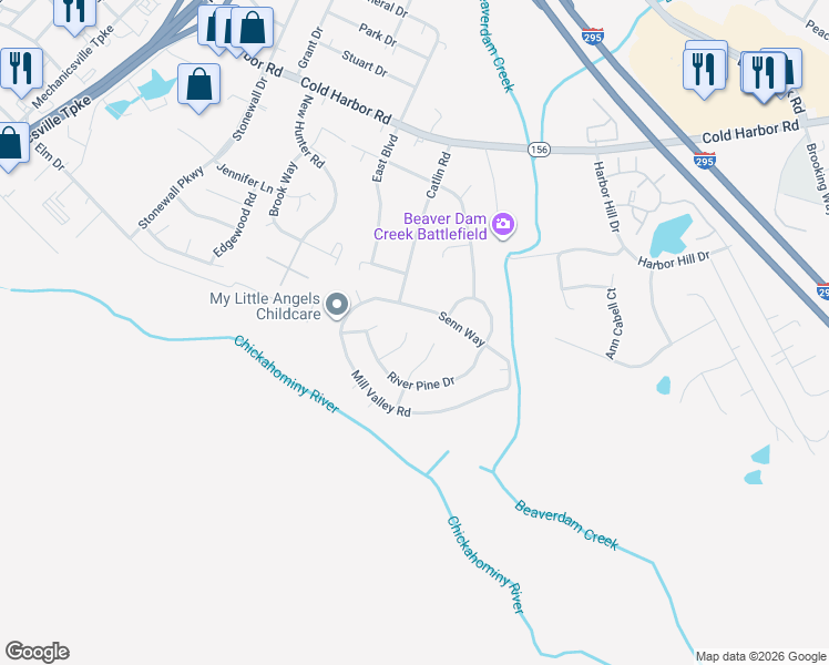 map of restaurants, bars, coffee shops, grocery stores, and more near 7078 River Pine Court in Mechanicsville