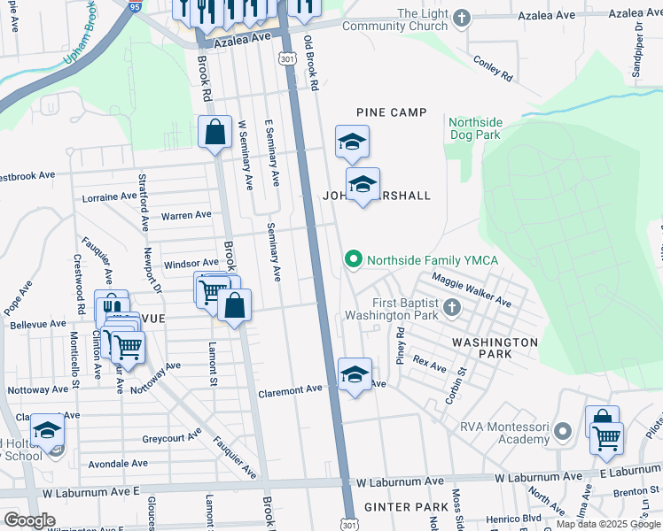 map of restaurants, bars, coffee shops, grocery stores, and more near 4228 Old Brook Road in Richmond