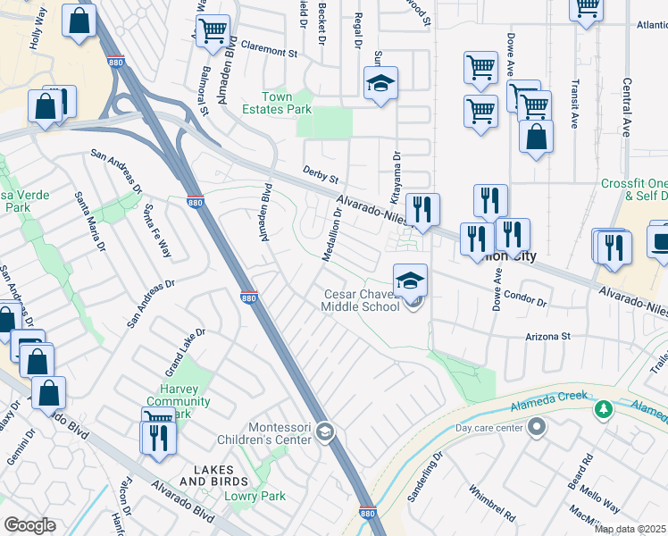 map of restaurants, bars, coffee shops, grocery stores, and more near 32253 Chechester Dr in Union City