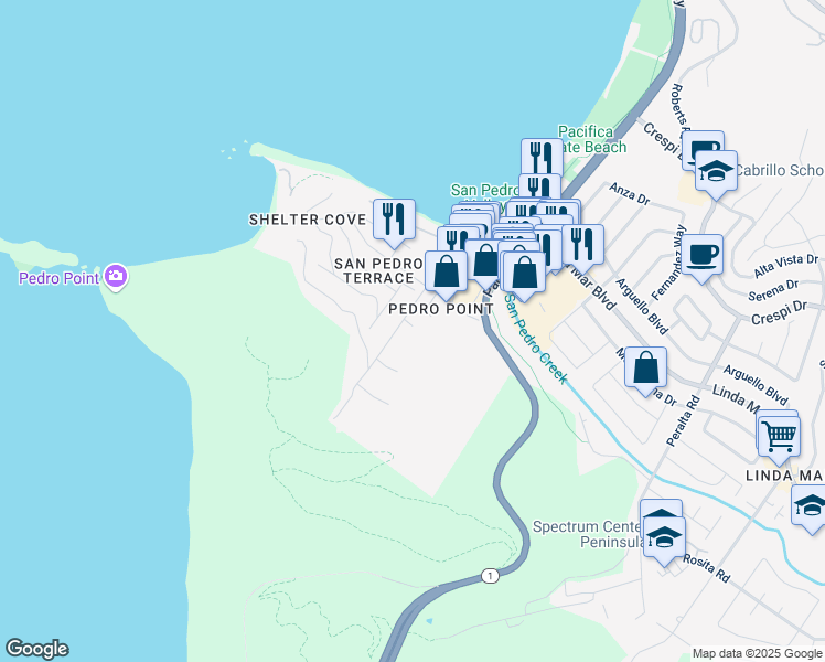 map of restaurants, bars, coffee shops, grocery stores, and more near 1397 Grand Avenue in Pacifica