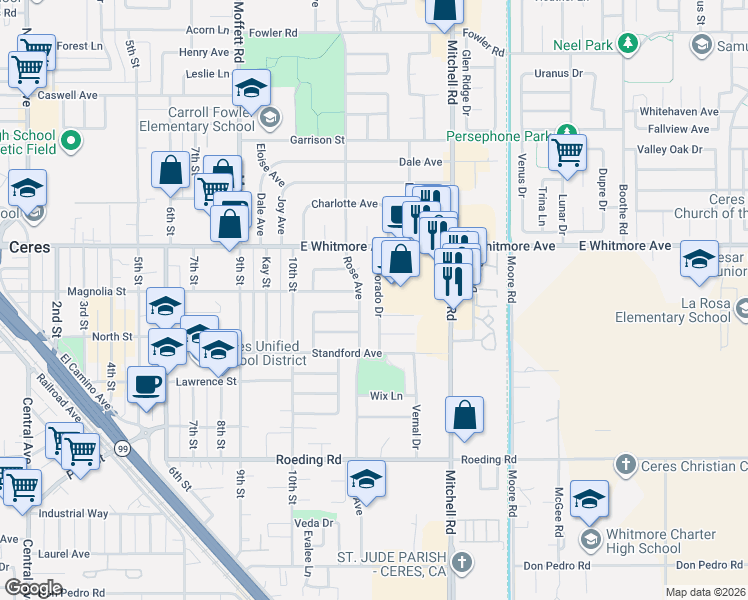 map of restaurants, bars, coffee shops, grocery stores, and more near 2705 El Dorado Drive in Ceres