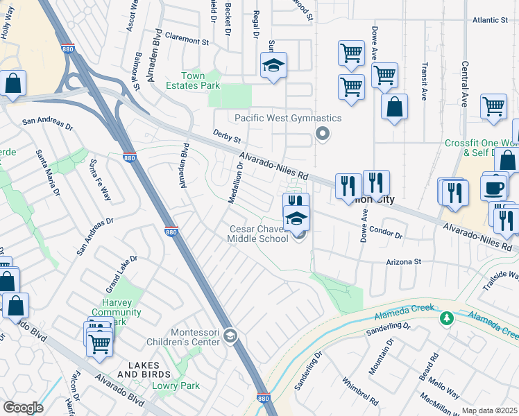 map of restaurants, bars, coffee shops, grocery stores, and more near 32657 Brenda Way in Union City