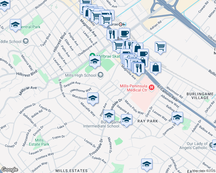 map of restaurants, bars, coffee shops, grocery stores, and more near 2005 Murchison Drive in Burlingame