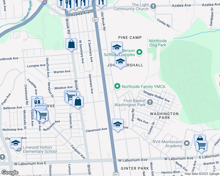 map of restaurants, bars, coffee shops, grocery stores, and more near 4228 Old Brook Road in Richmond
