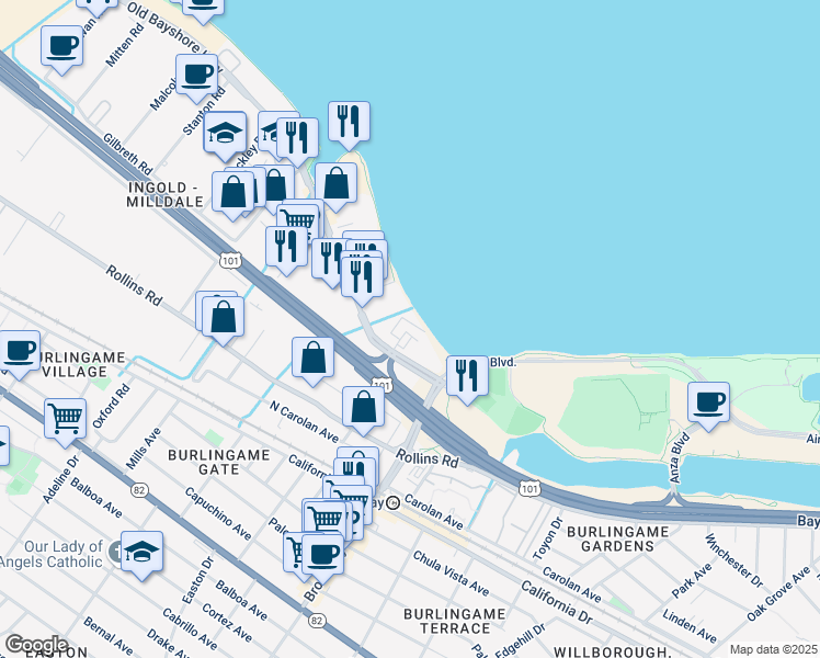 map of restaurants, bars, coffee shops, grocery stores, and more near 1250 Old Bayshore Highway in Burlingame