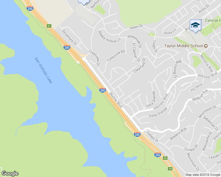 map of restaurants, bars, coffee shops, grocery stores, and more near 765 Crestview Drive in Millbrae