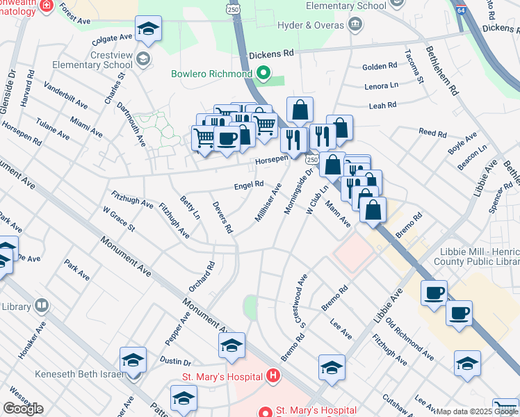 map of restaurants, bars, coffee shops, grocery stores, and more near 6412 Millhiser Avenue in Richmond