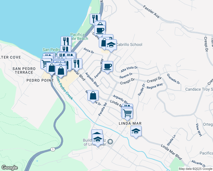 map of restaurants, bars, coffee shops, grocery stores, and more near 260 Marvilla Circle in Pacifica