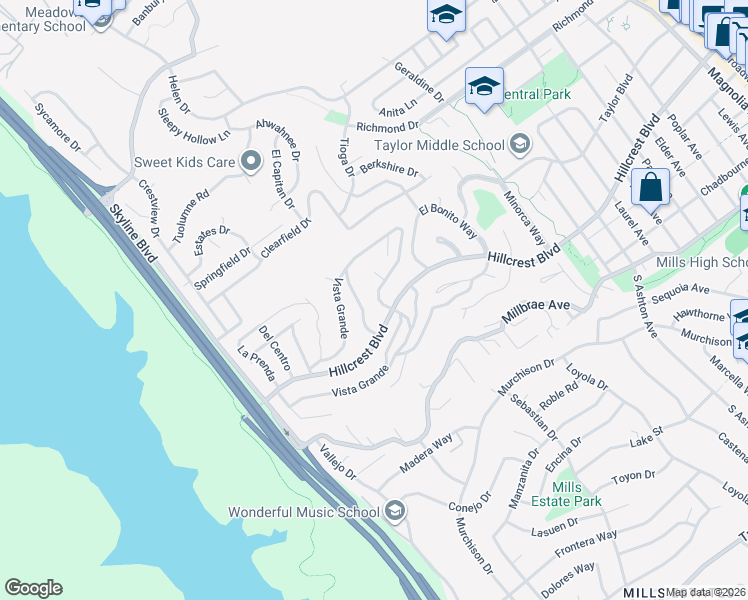 map of restaurants, bars, coffee shops, grocery stores, and more near 1160 Vista Grande in Millbrae
