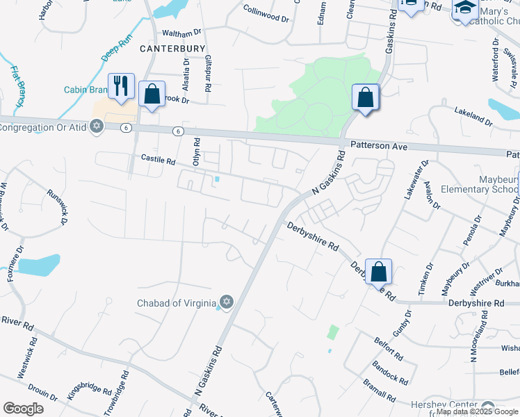 map of restaurants, bars, coffee shops, grocery stores, and more near 10015 Castile Court in Henrico