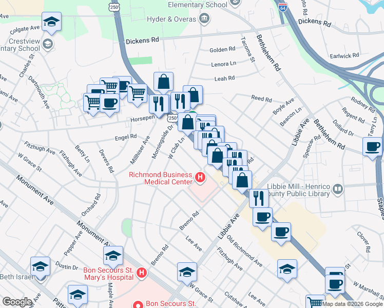map of restaurants, bars, coffee shops, grocery stores, and more near 6007 West Broad Street in Richmond