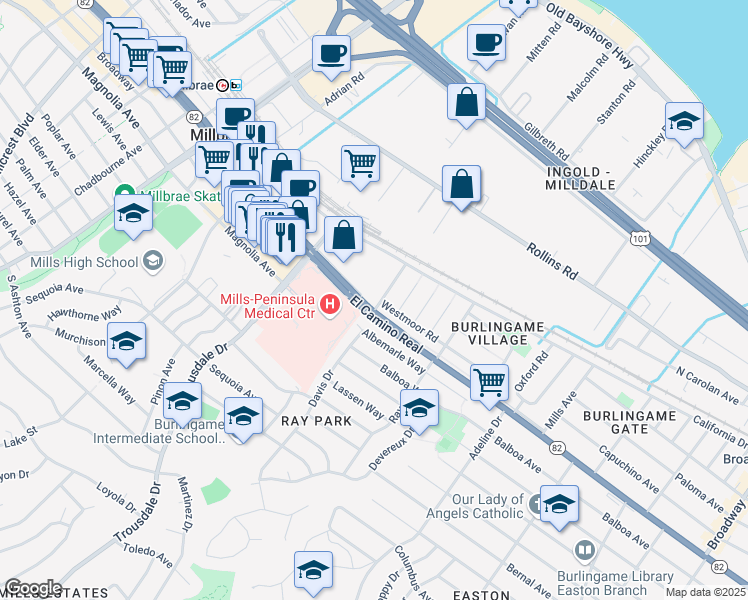 map of restaurants, bars, coffee shops, grocery stores, and more near 1140 Dufferin Avenue in Burlingame