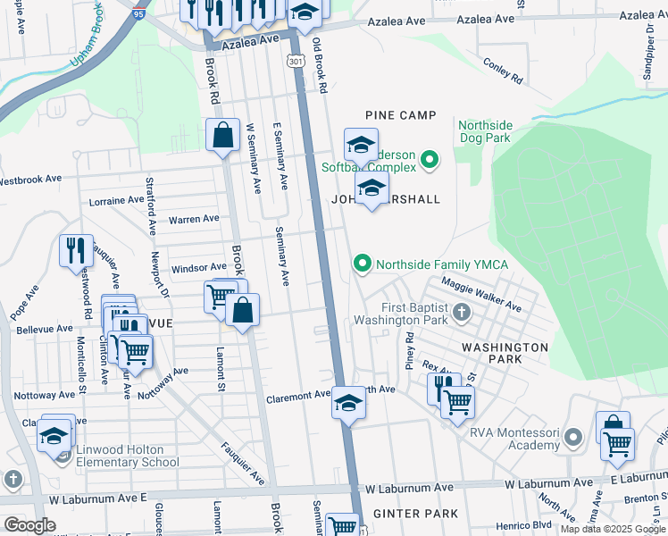 map of restaurants, bars, coffee shops, grocery stores, and more near 4217 Chamberlayne Avenue in Richmond