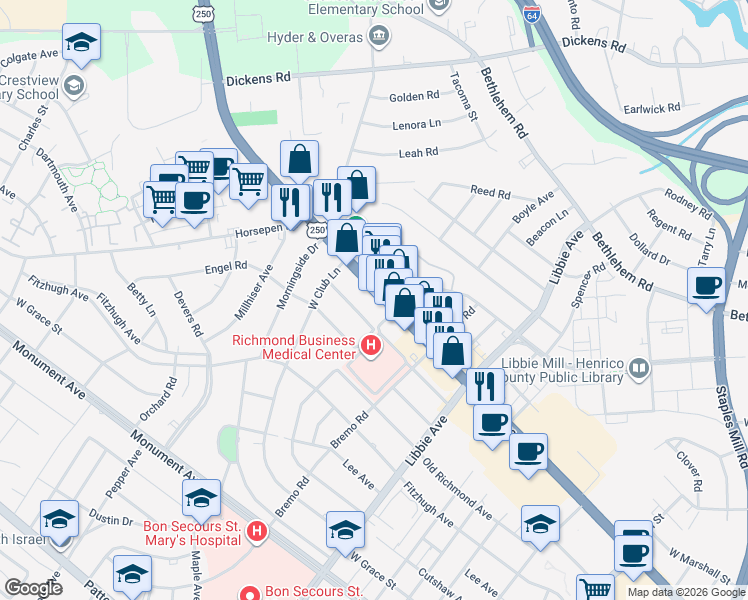 map of restaurants, bars, coffee shops, grocery stores, and more near 6007 West Broad Street in Richmond