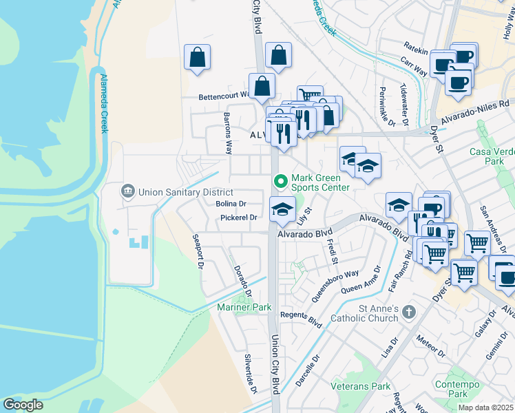 map of restaurants, bars, coffee shops, grocery stores, and more near 4220 Bolina Drive in Union City