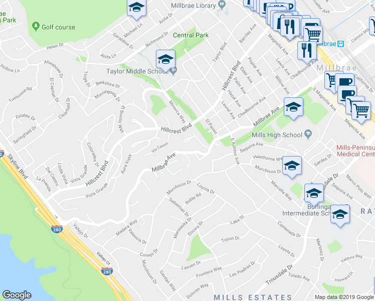 map of restaurants, bars, coffee shops, grocery stores, and more near 1128 Millbrae Avenue in Millbrae