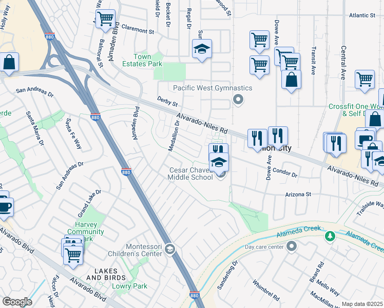 map of restaurants, bars, coffee shops, grocery stores, and more near 32657 Brenda Way in Union City