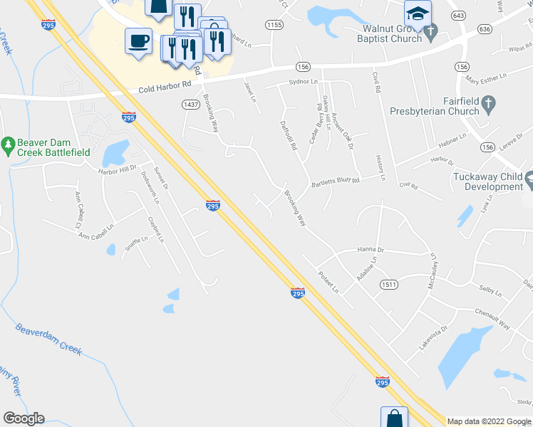 map of restaurants, bars, coffee shops, grocery stores, and more near 7077 Drinkard Way in Mechanicsville