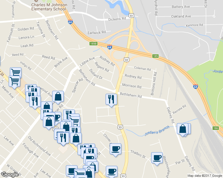 map of restaurants, bars, coffee shops, grocery stores, and more near 4904 Bethlehem Road in Richmond