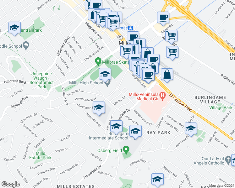map of restaurants, bars, coffee shops, grocery stores, and more near 1900 Garden Drive in Burlingame