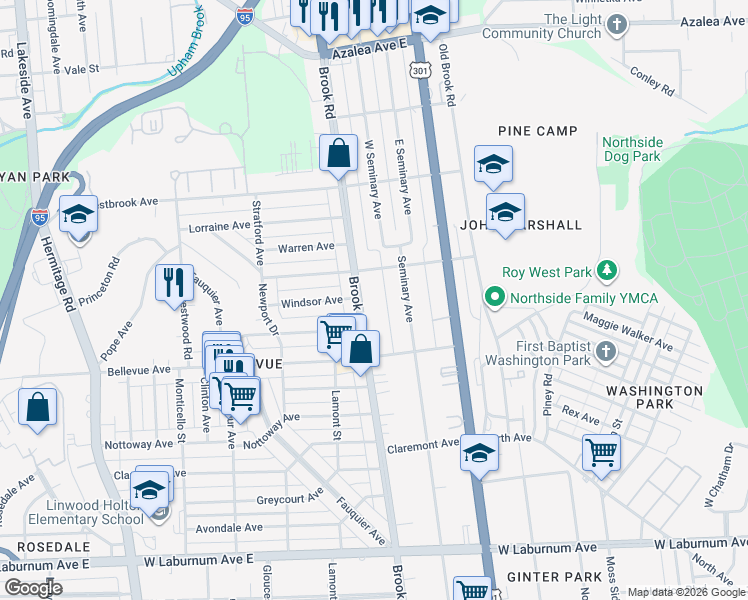 map of restaurants, bars, coffee shops, grocery stores, and more near 4227 Brook Road in Richmond