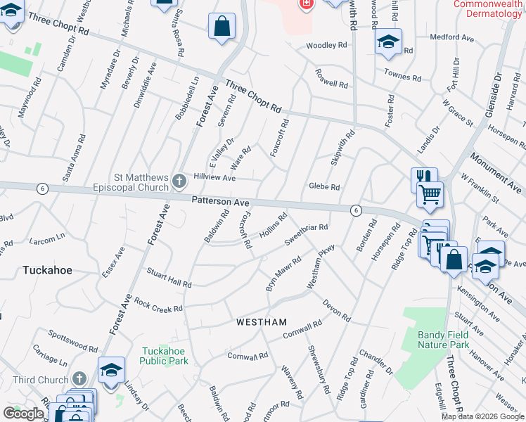 map of restaurants, bars, coffee shops, grocery stores, and more near 7707 Patterson Avenue in Richmond