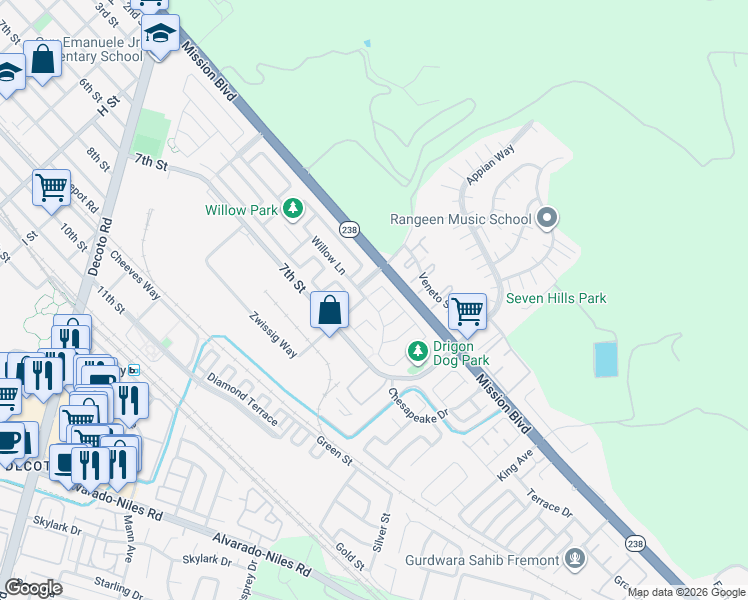map of restaurants, bars, coffee shops, grocery stores, and more near 110 Windflower Lane in Union City