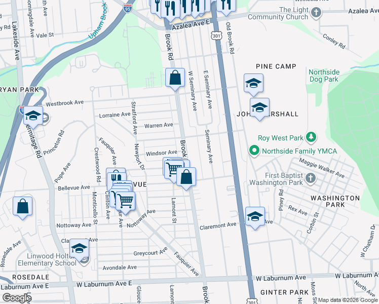 map of restaurants, bars, coffee shops, grocery stores, and more near 4227 Brook Road in Richmond